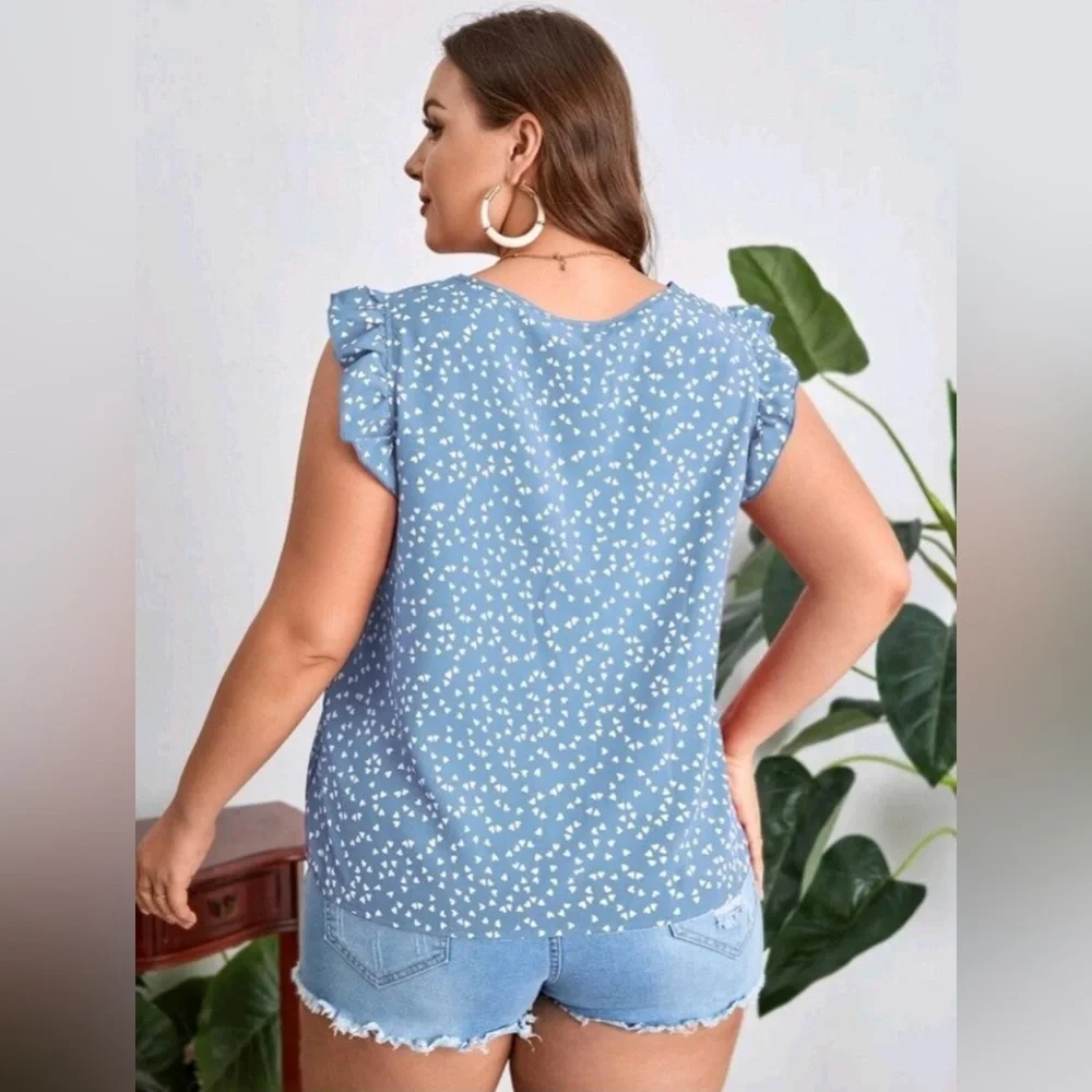 Women's Classy Plus Round Neck Ruffle Sleeve Heart Print Blouse Top. Bust 44.1”
